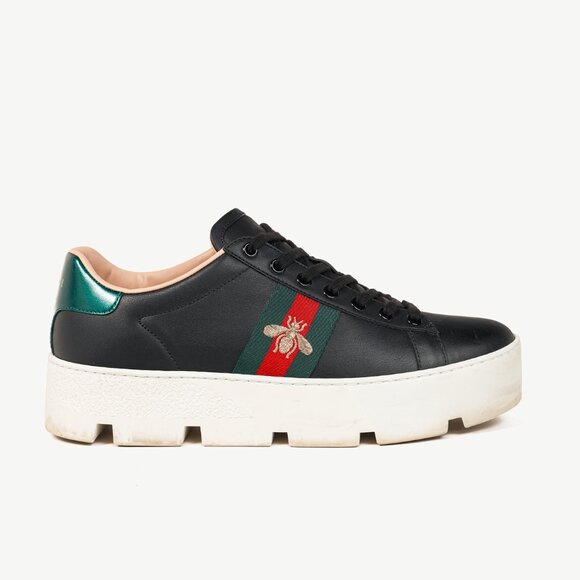 Gucci Ace Web Gold Bee Black Leather White Platform Sneaker - Picture 1 of 11